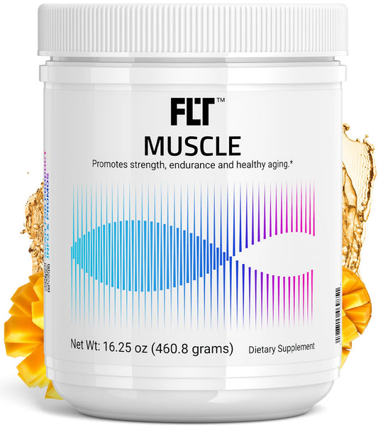 FLT Muscle bottle label highlighting vegan ingredients for daily performance support.