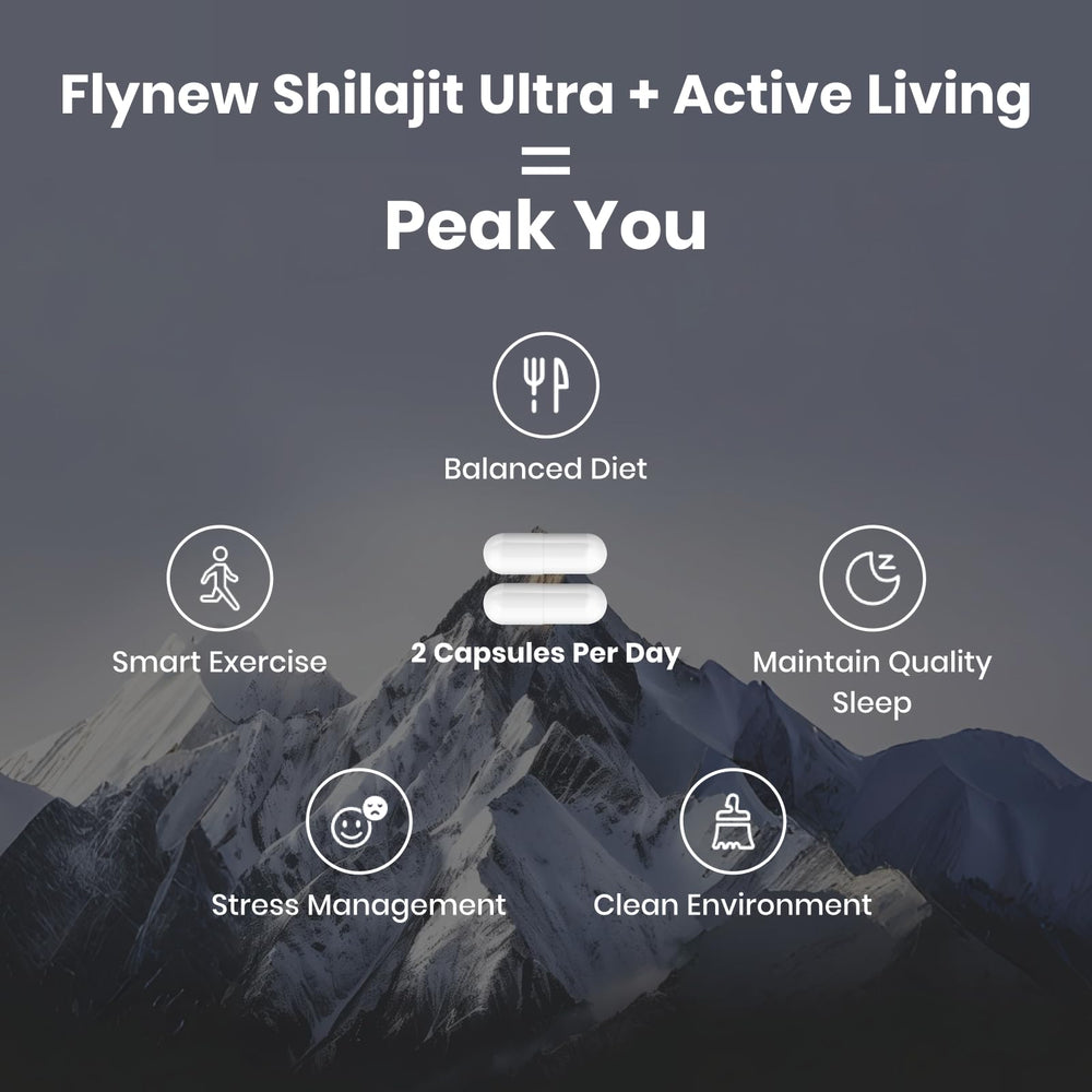 Flynew Shilajit ingredients powder label highlights fulvic acid content
