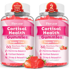 Flyrocer two pack cortisol gummies in strawberry bottles for daily balance