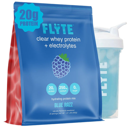 FLYTE Clear Whey Isolate Blue Raspberry bottle ready for post-workout recovery and hydration.