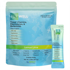 FlyWell Lemon Lime travel vitamin tonic bottle being poured for on-the-go hydration.