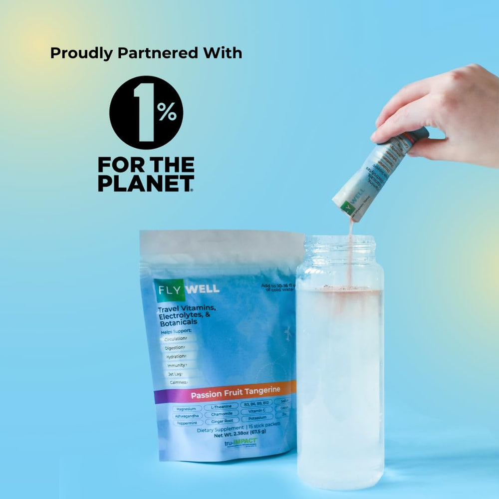 FlyWell travel tonic stir water illustrates refreshing electrolyte boost.
