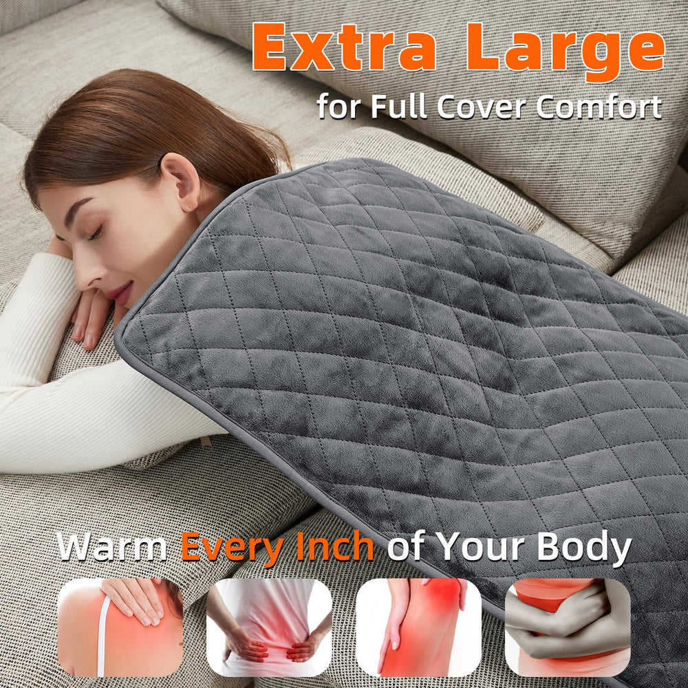 Focbeo XL heating pad on shoulders eases muscle tension with adjustable heat.