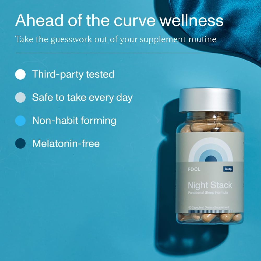 FOCL Restful Night glass of water beside capsules encourages simple dosing.