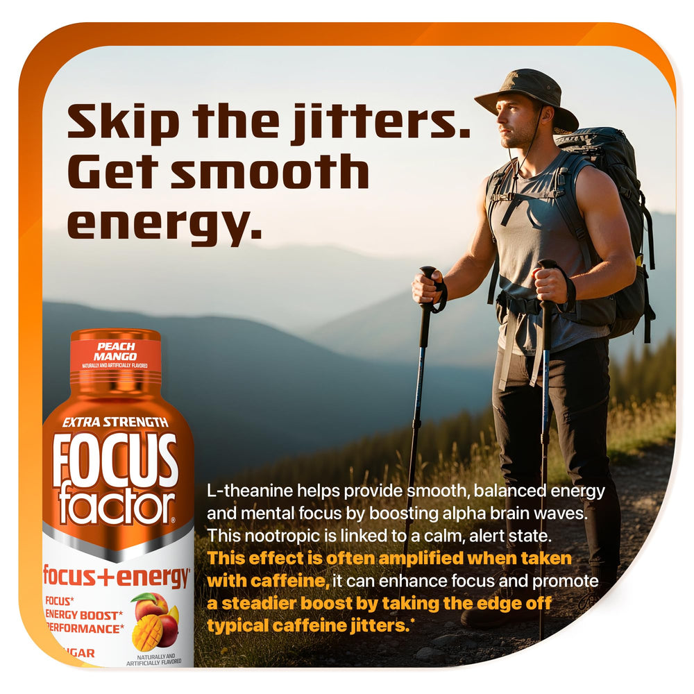 Bottle pouring Focus Factor shot for quick hydration and mental clarity