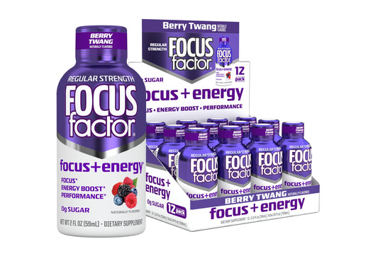 Focus Factor Focus + Energy Shots Berry Twang bottle for a quick sugar-free focus boost.