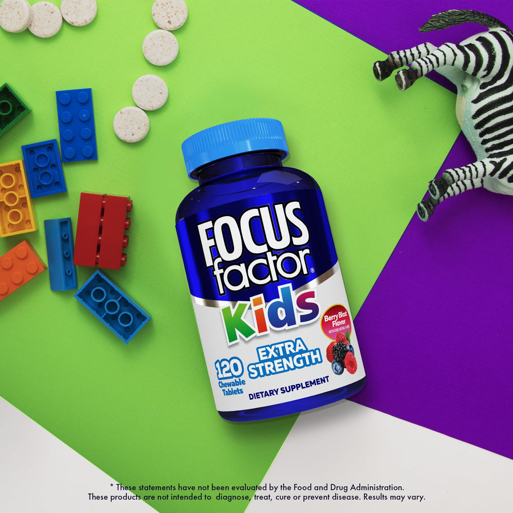 Focus Factor Kids chewables packaging close-up with kid-friendly design aiding routine