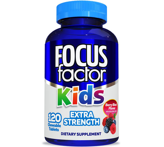Focus Factor Kids extra strength chewables bottle front highlighting brain health support for kids