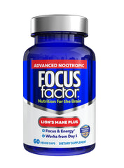 Focus Factor Lions Mane Plus bottle close-up showing 60 vegetarian capsules for daily focus