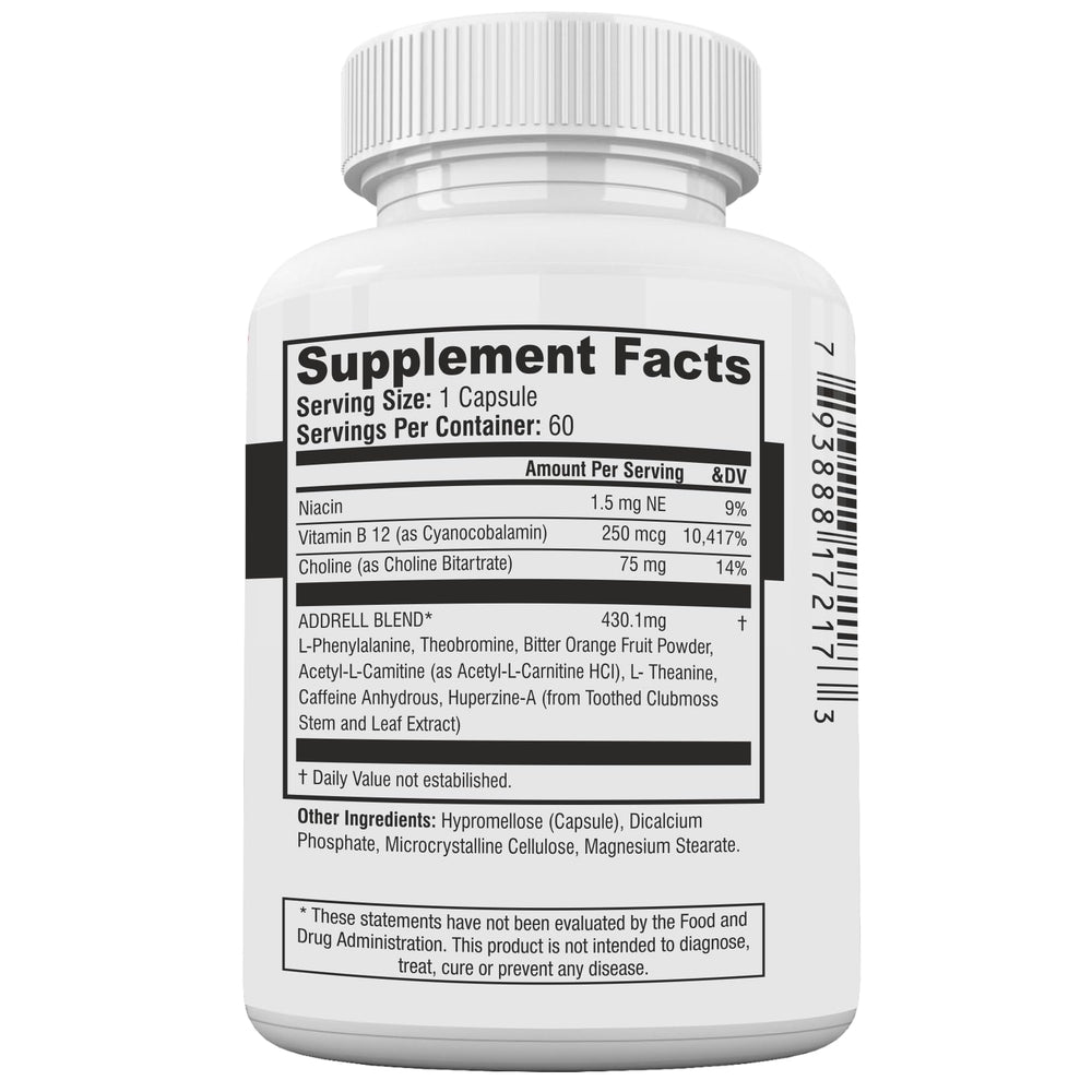 Closeup of Focus Pep Addrell capsules highlighting natural ingredients and quick activation.