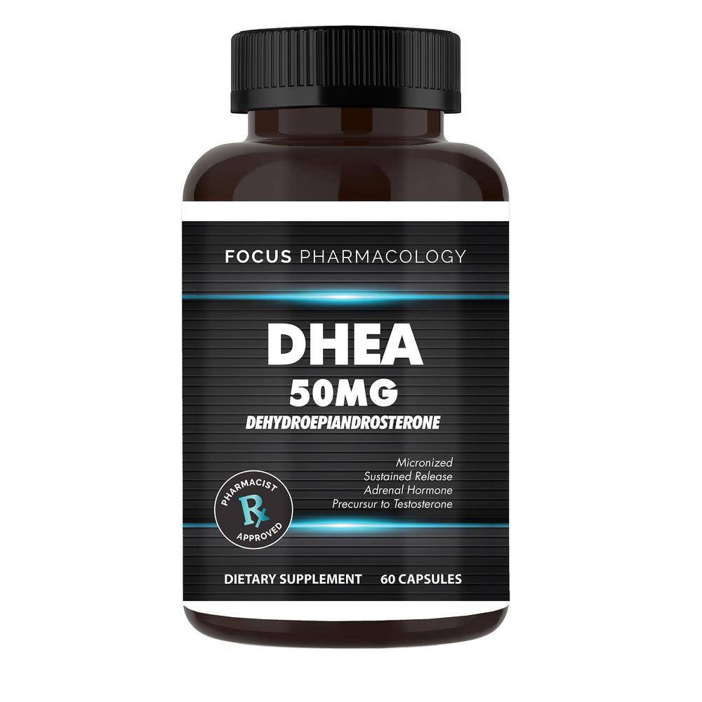 Focus Pharmacology DHEA 50mg bottle on desk, convenient daily energy support for adults.