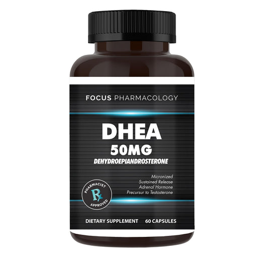Focus Pharmacology DHEA 50mg bottle on desk, convenient daily energy support for adults.