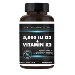 Focus Pharmacology bottle with 60 capsules for vitamin D3 and K2, supporting calcium balance.