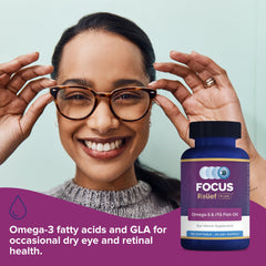 Focus Relief Plus on morning routine with water for daily ocular care.
