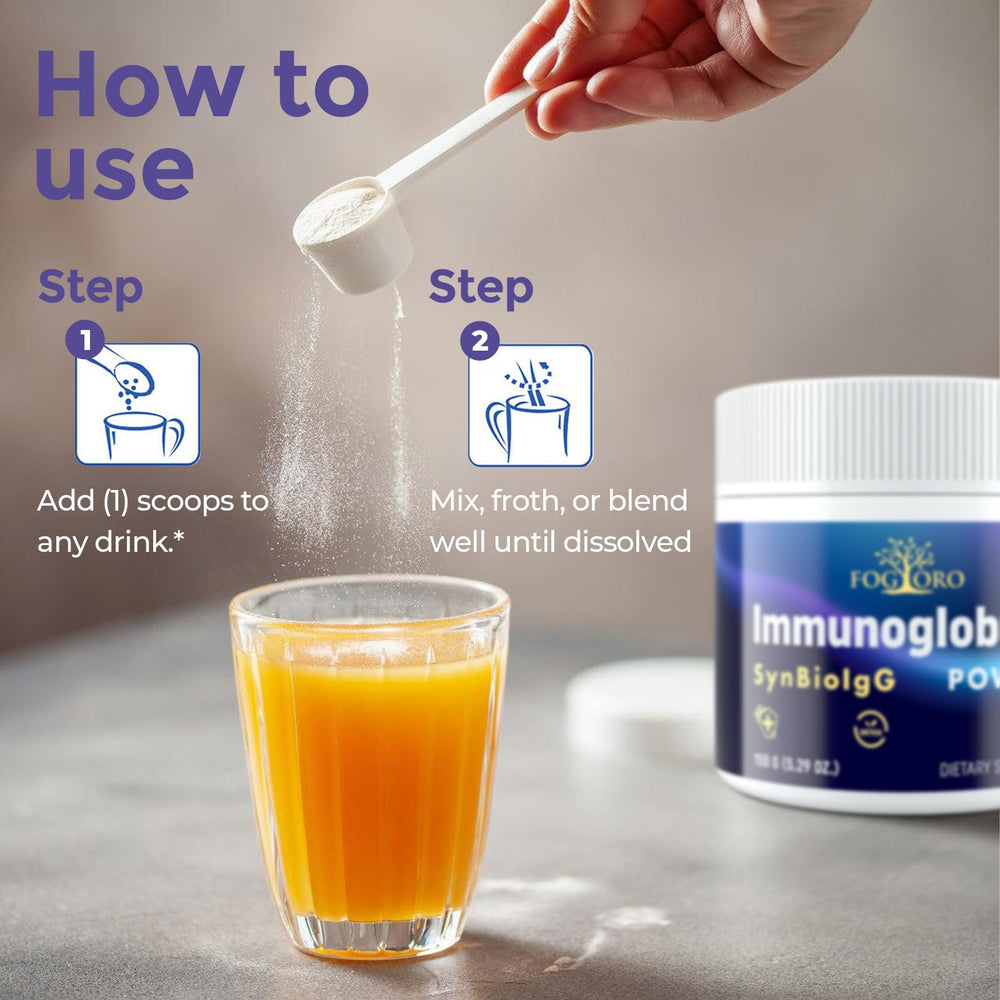 Fogoro IgG immunoglobulin packaging showing dairy-free formula details