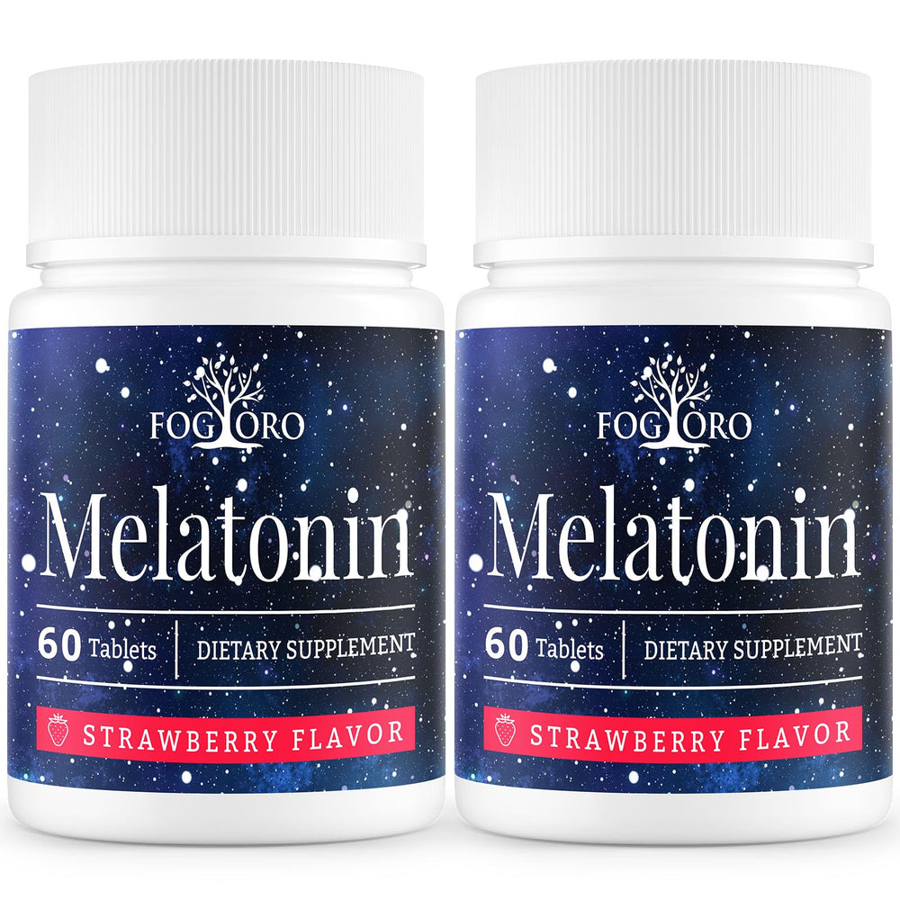 Fogoro Melatonin bottle close-up; two-month supply for easy bedtime routine.