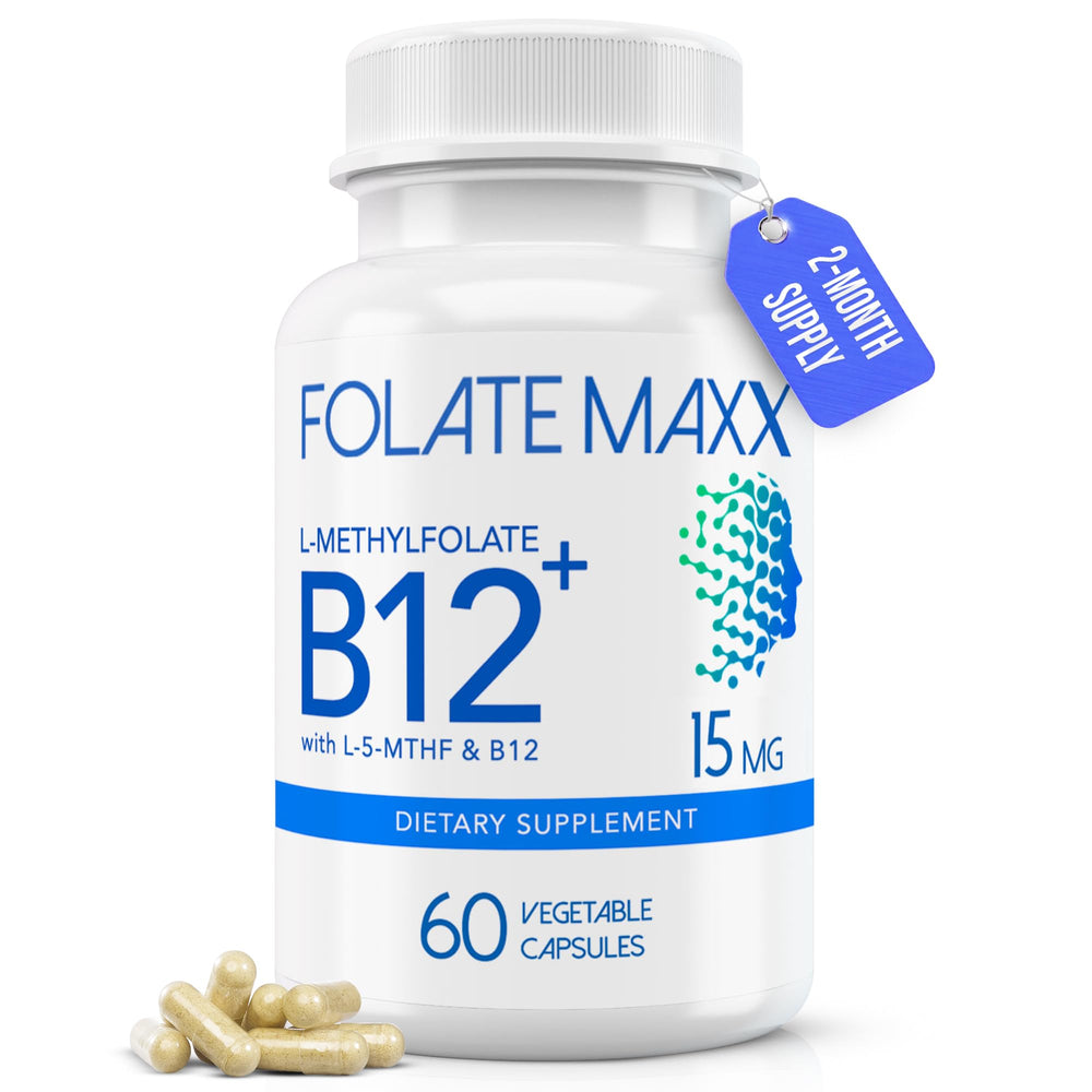 Folate Maxx bottle front with bold branding and 60 capsules for daily mood support.