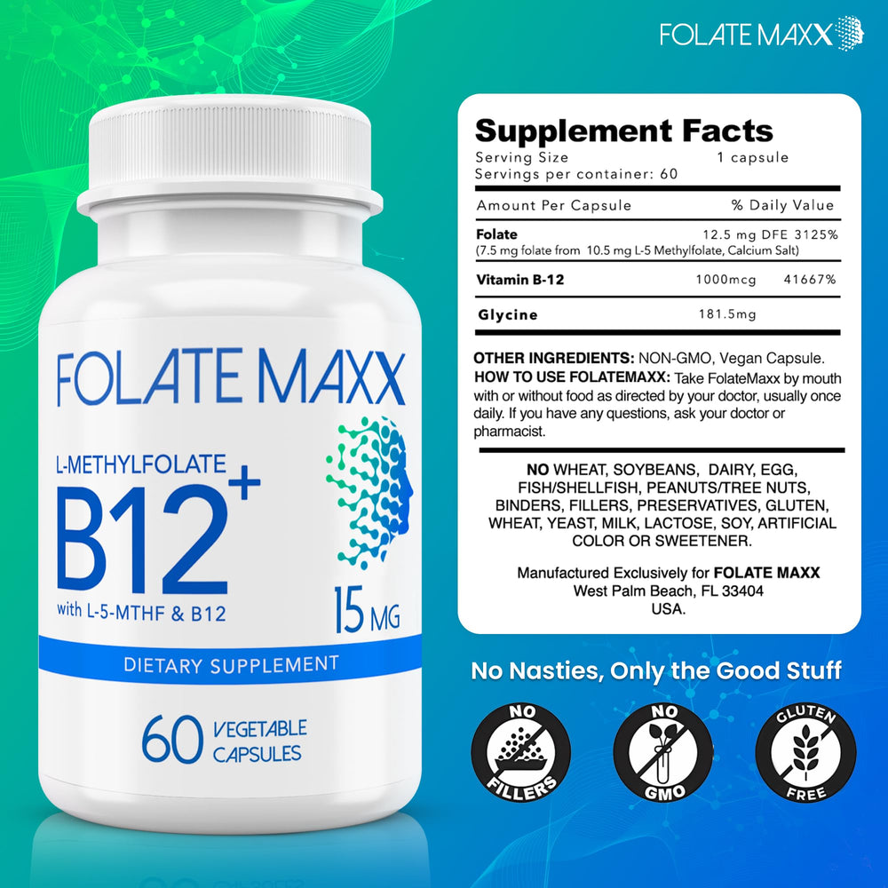 Folate Maxx pills close-up showing small, easy-to-swallow capsules.