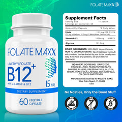 Folate Maxx pills close-up showing small, easy-to-swallow capsules.