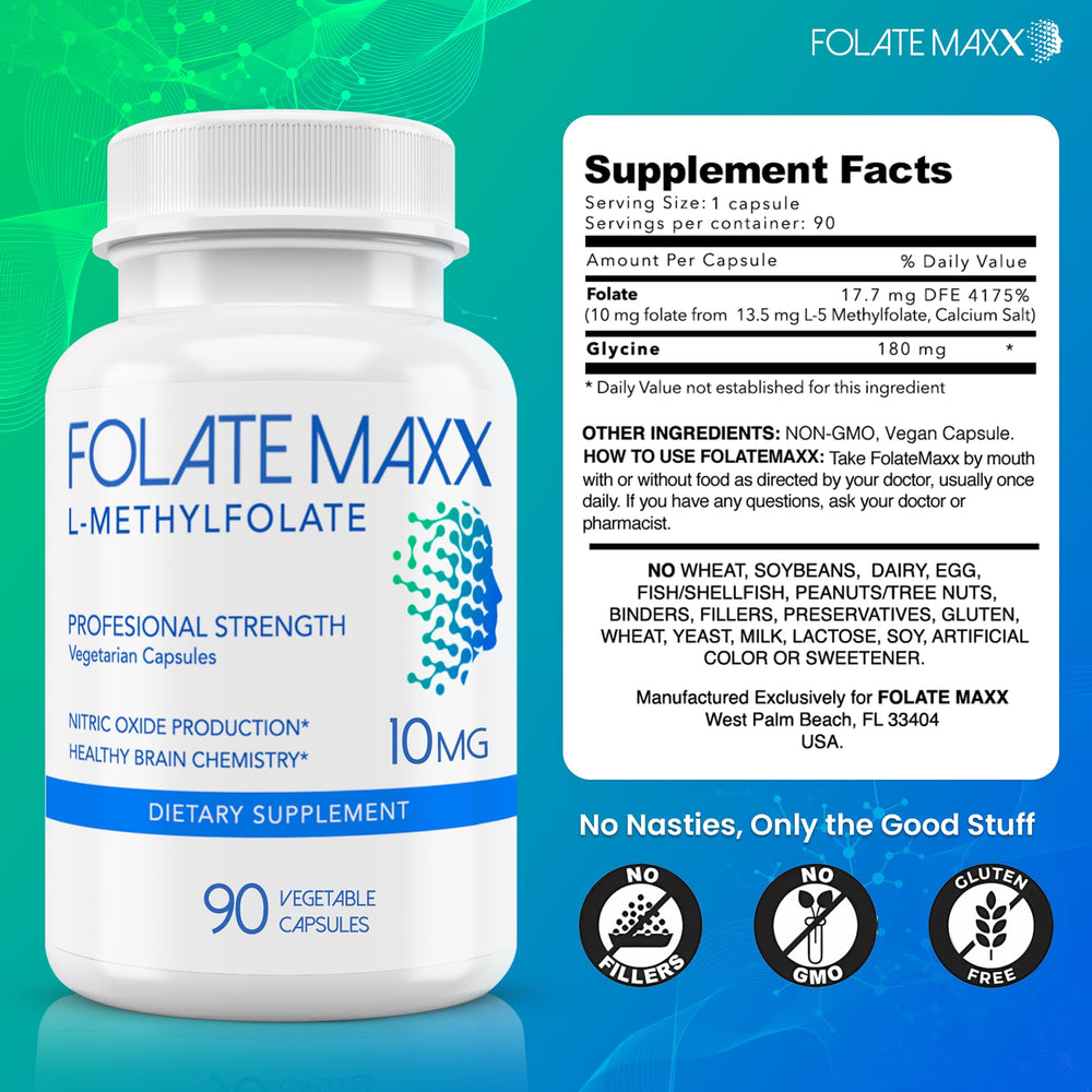 Close-up of FolateMaxx ingredients emphasizing purity and USA manufacturing standards.