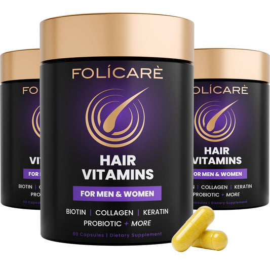 FOLICARE Biotin Hair Growth bottle front for thicker, shinier hair.