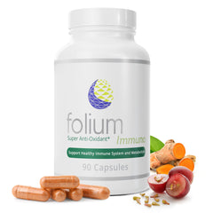 Folium Immuno bottle front view showing label and capsules for immune support