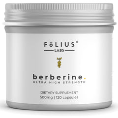 FOLIUS LABS Berberine HCl 97% bottle emphasizes clean label transparency for health-conscious shoppers.