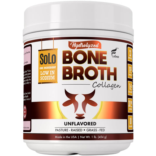 FOLONA Solo Bone Broth Powder canister highlighting grass-fed, premium protein.