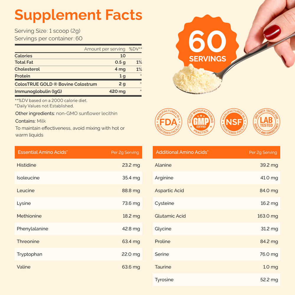 Folqs Bovine Colostrum Powder USA-made badge emphasizes local quality