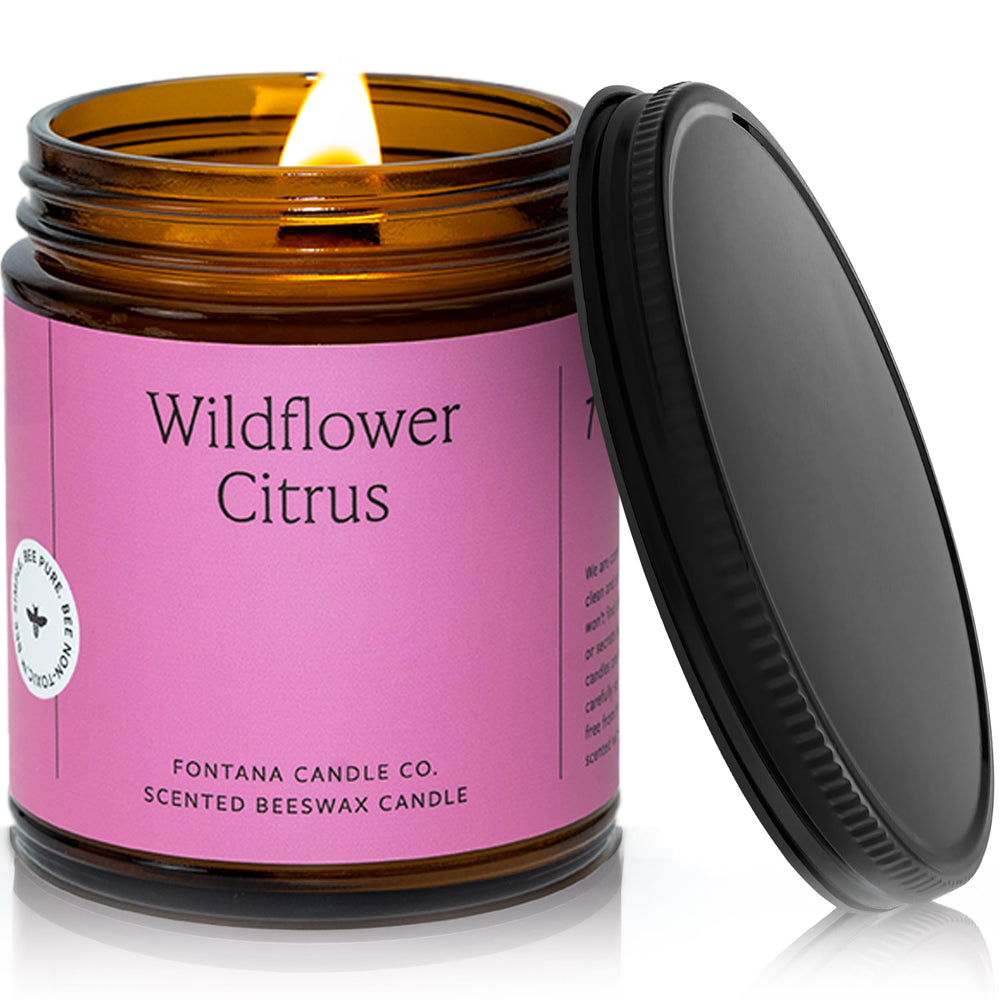 Fontana Candle Co wood wick beeswax jar with Wildflower Citrus crackling for cozy evenings.