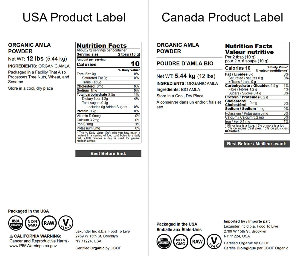 Food to Live amla powder label close-up, purity and non-GMO attributes.