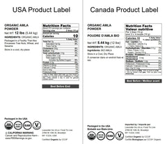 Food to Live amla powder label close-up, purity and non-GMO attributes.