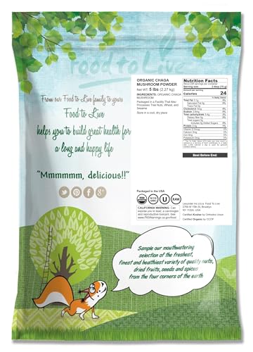 Food to Live Chaga powder closeup shows fine milled texture ideal for quick mixing.