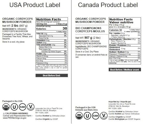 Food to Live Cordyceps powder jar label signals organic vegan non-GMO