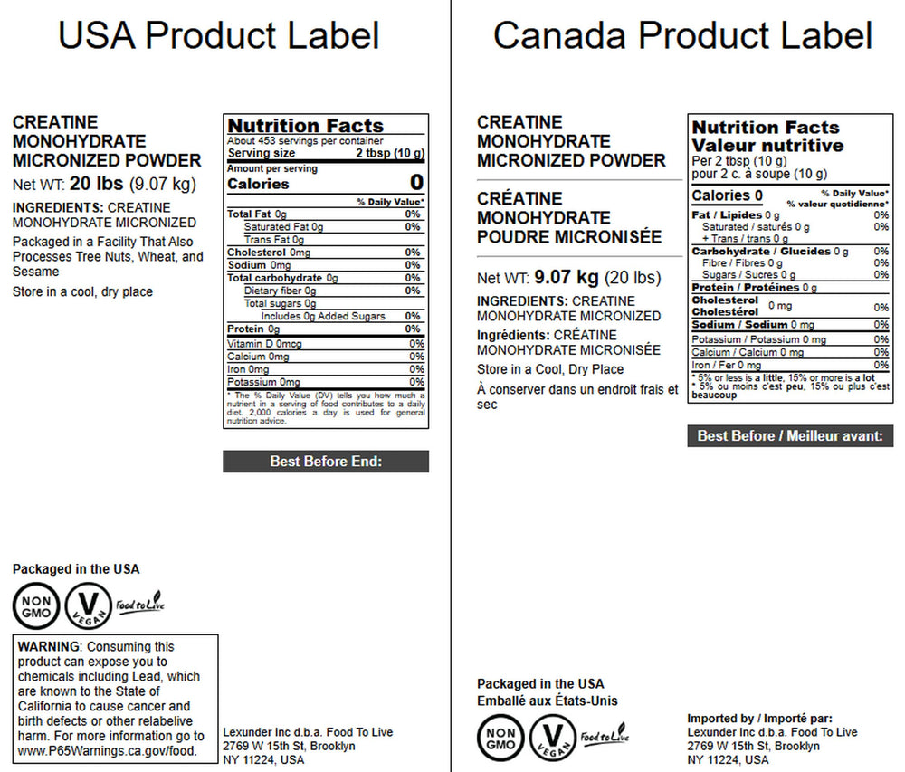 Food to Live Creatine Micronized Powder bottle closeup highlighting vegan non-GMO