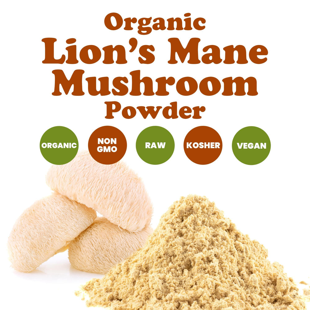 Food to Live Lion's Mane powder packaging highlights organic, non-GMO quality