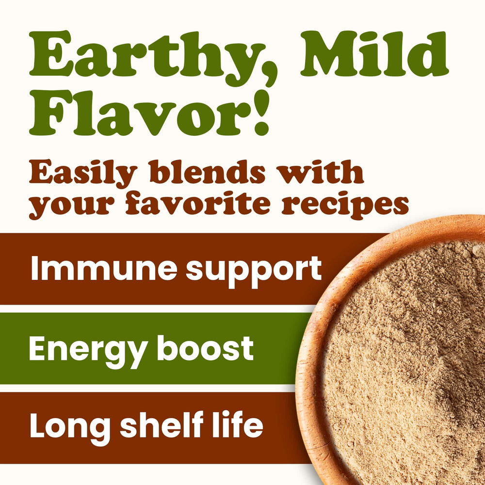 Food to Live turkey tail powder packaging on a kitchen shelf highlighting bulk value.