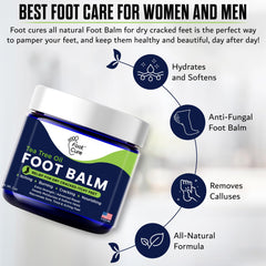Close-up of FOOT CURE balm ingredients highlighting tea tree oil for soothing foot care