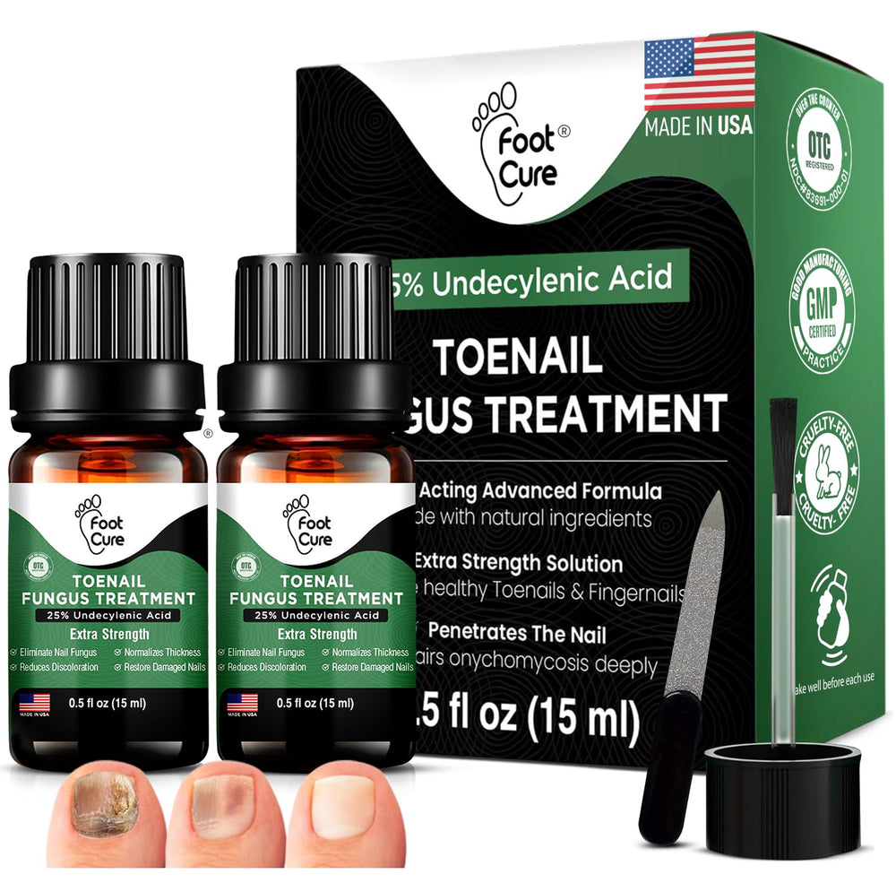 FOOT CURE toenail renewal bottle highlighting the natural formula for healthier nails.