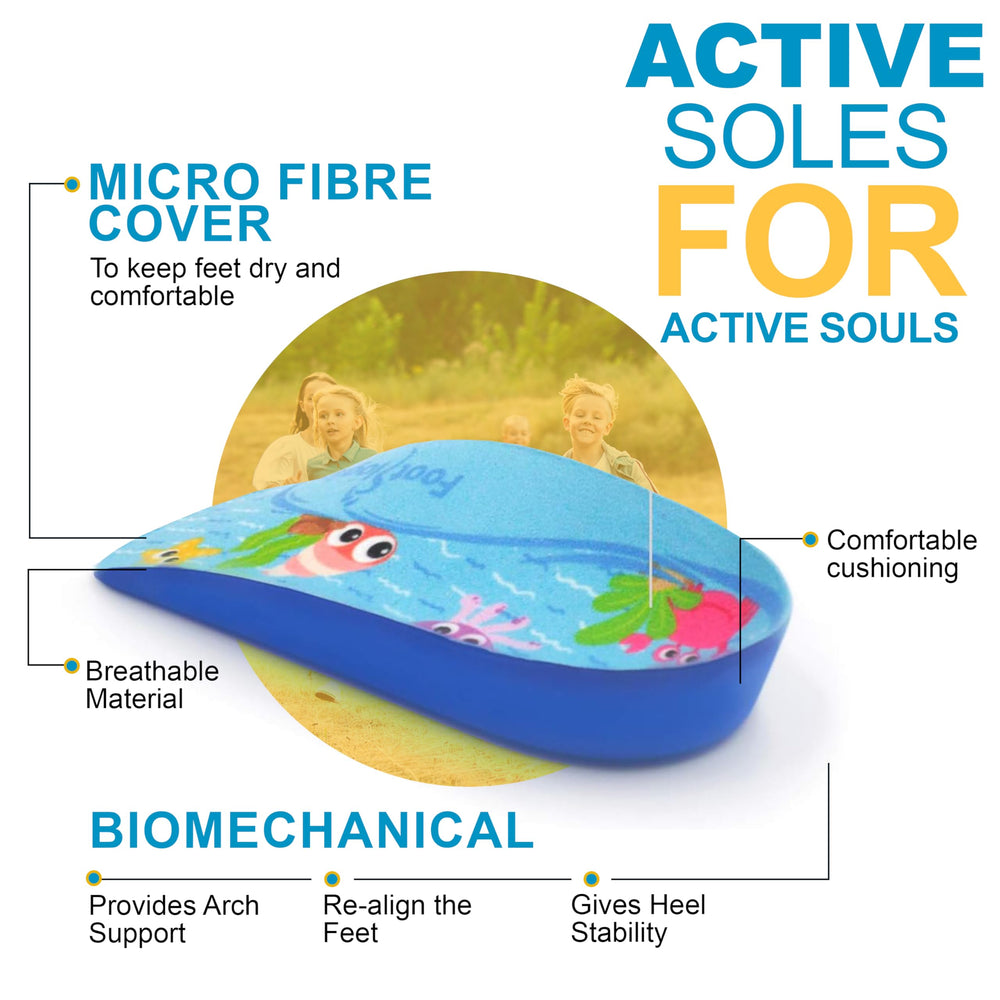 Footlogics Kids 3/4-length insole fits school sneakers for all-day comfort.