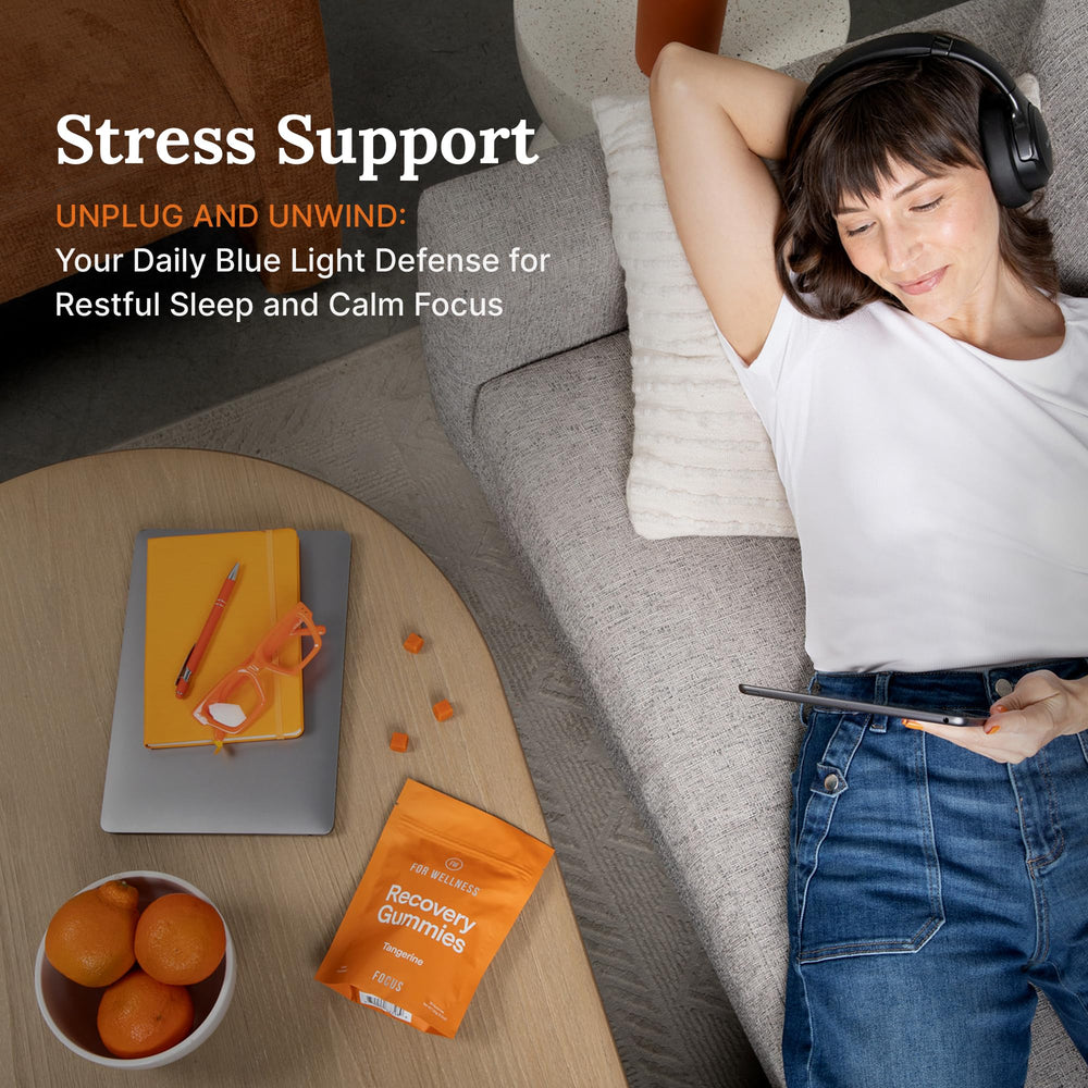For Wellness blue-light filter gummies at desk suggests reduced eye strain during screen time.