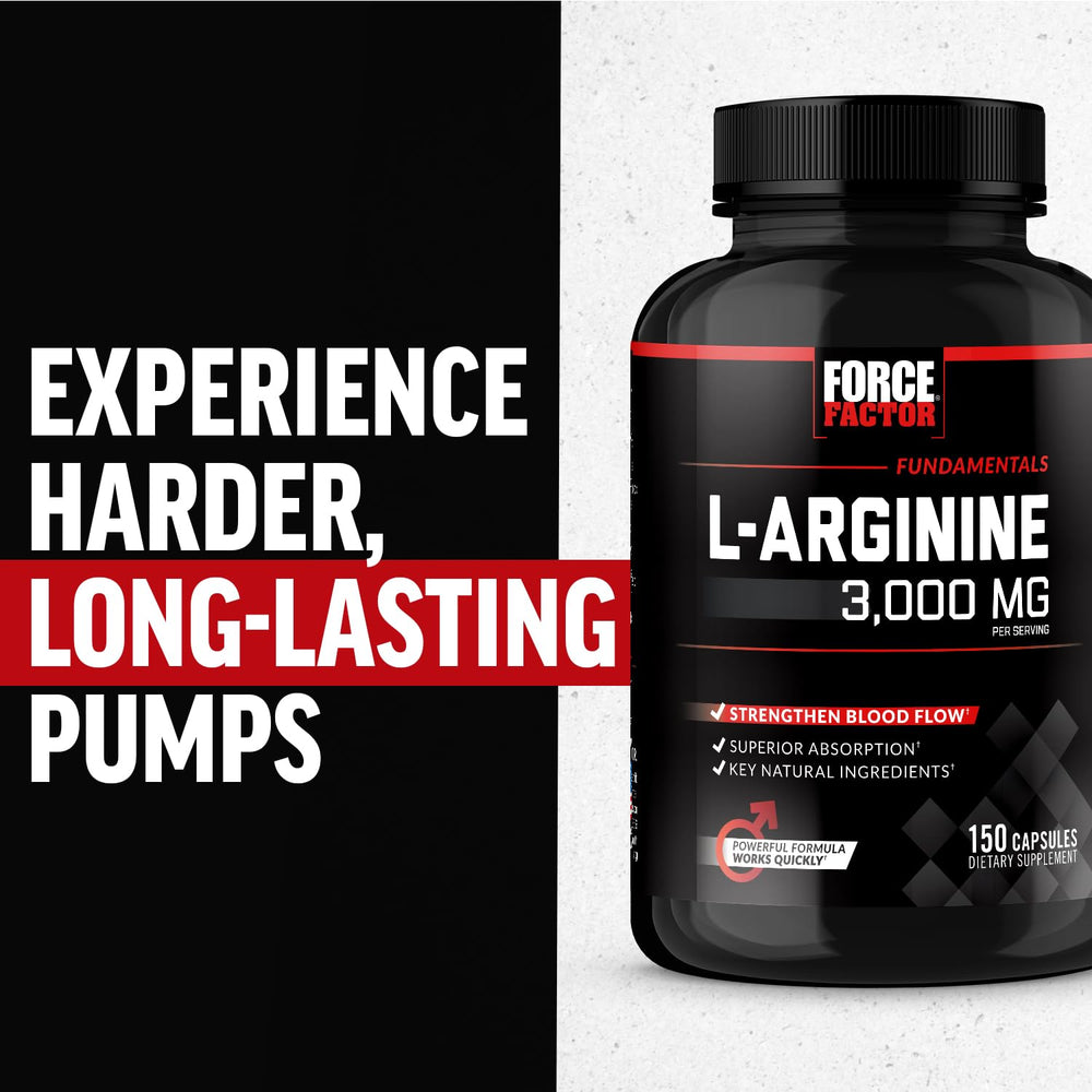 Force Factor L-Arginine bottle with US-made seal indicating quality manufacturing.