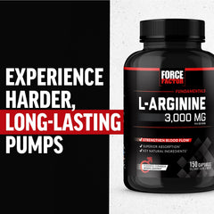 Force Factor L-Arginine bottle with US-made seal indicating quality manufacturing.