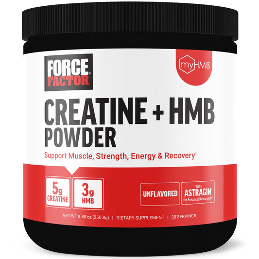 Force Factor Creatine HMB Powder unflavored packaging supports clean muscle use