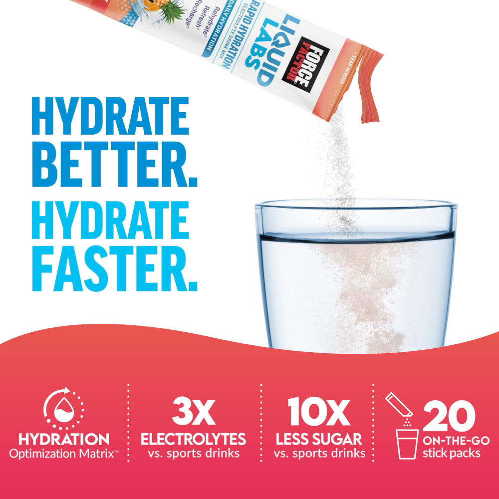 Force Factor Liquid Labs stick-pack-opening for portable hydration during workouts.