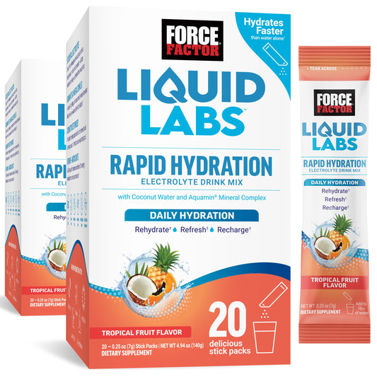 Force Factor Liquid Labs tropical-fruit-powder-packet dissolves quickly for refreshing hydration.