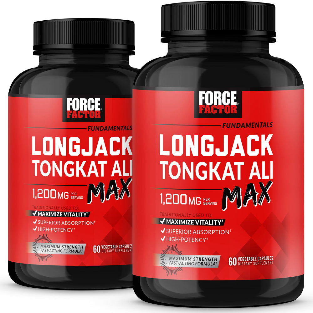 Force Factor Longjack Tongkat Ali Max bottle front for daily vitality support.