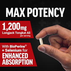 Closeup of Force Factor Longjack Tongkat Ali Max capsules (veggie capsules).