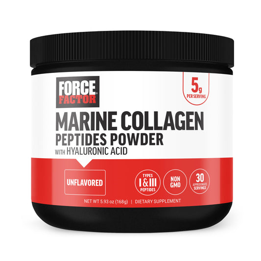 Force Factor Marine Collagen Powder bottle on kitchen counter supports radiant skin and healthy hair