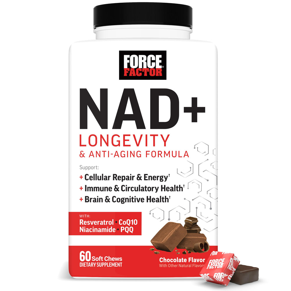 Force Factor NAD+ Longevity bottle pouring with chocolate soft chews for daily energy.